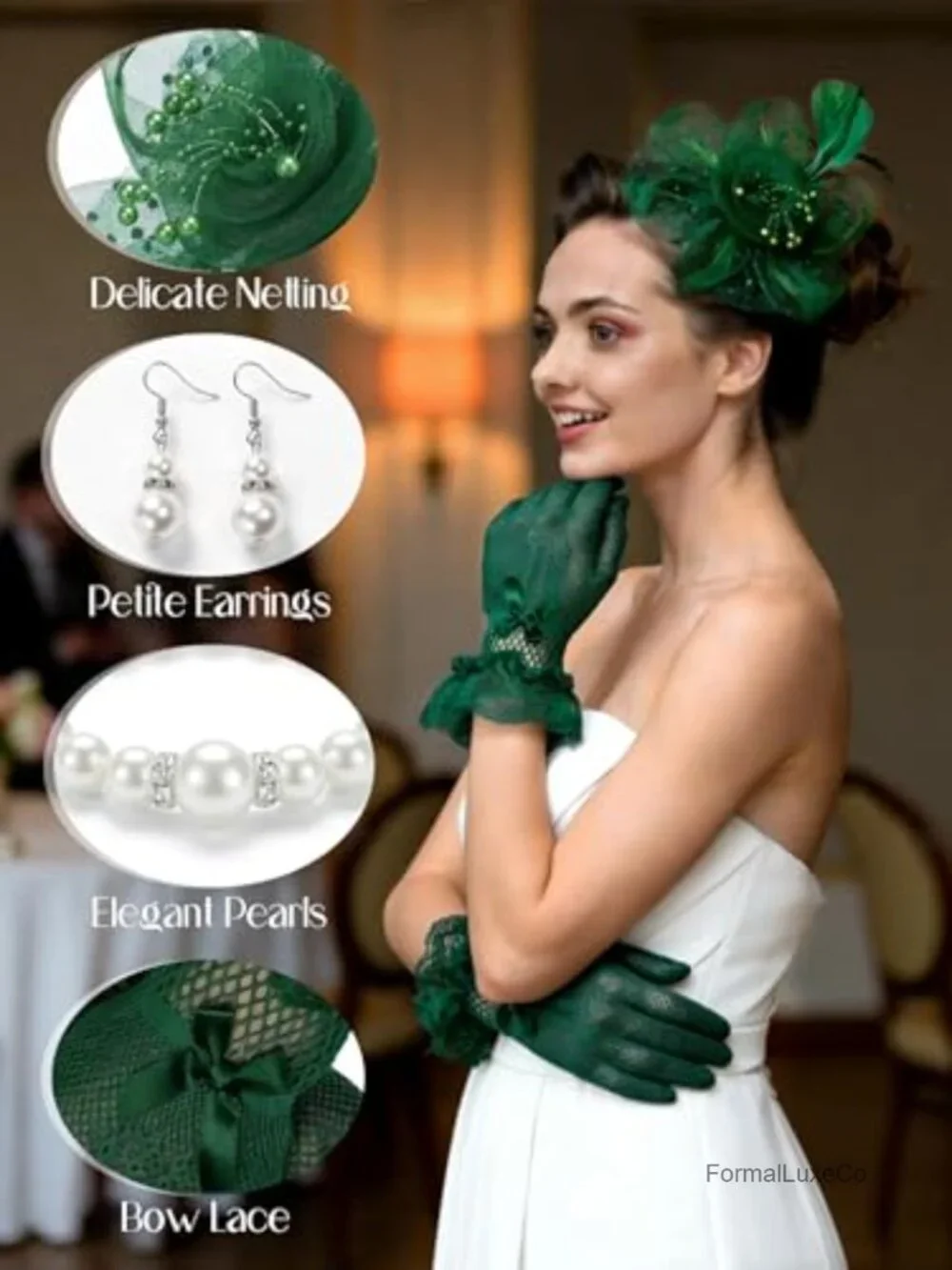 5 Pc Fascinator Set: Hat, Veil, Gloves, Pearl Necklace Bracelet Earrings